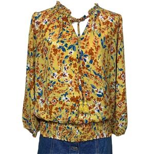 ECLAIR Women's Boho Floral Peasant Blouse Size M Yellow Long Sleeve Tassel Tie H
